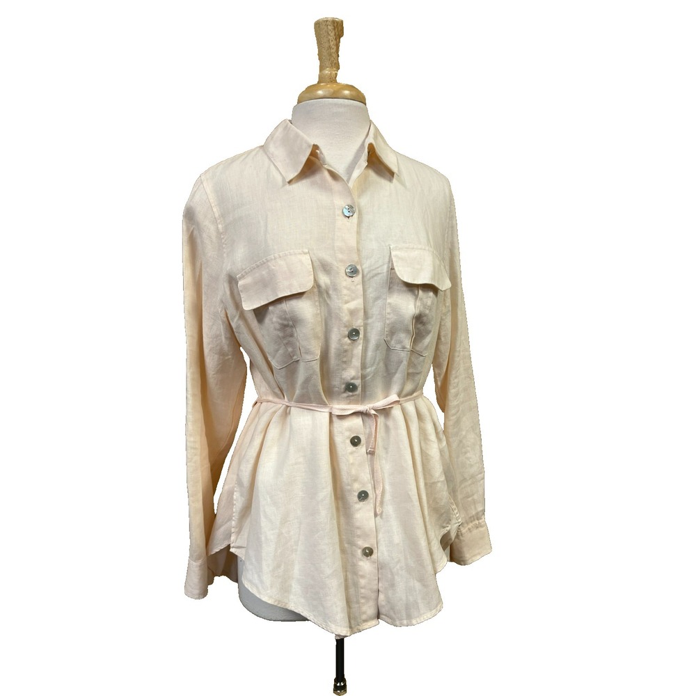 Soft Surroundings Linen Tunic Button Up Shirt‎ Peach Hi/Low Hem Pockets SZ L